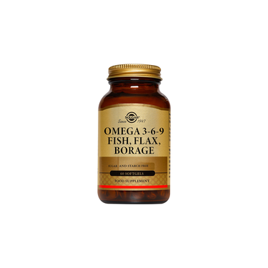 Solgar Omega 3-6-9 Fish, Flax, Borage 60 Softgels is a sugar and starch free food supplement with fish oil and borage oil.